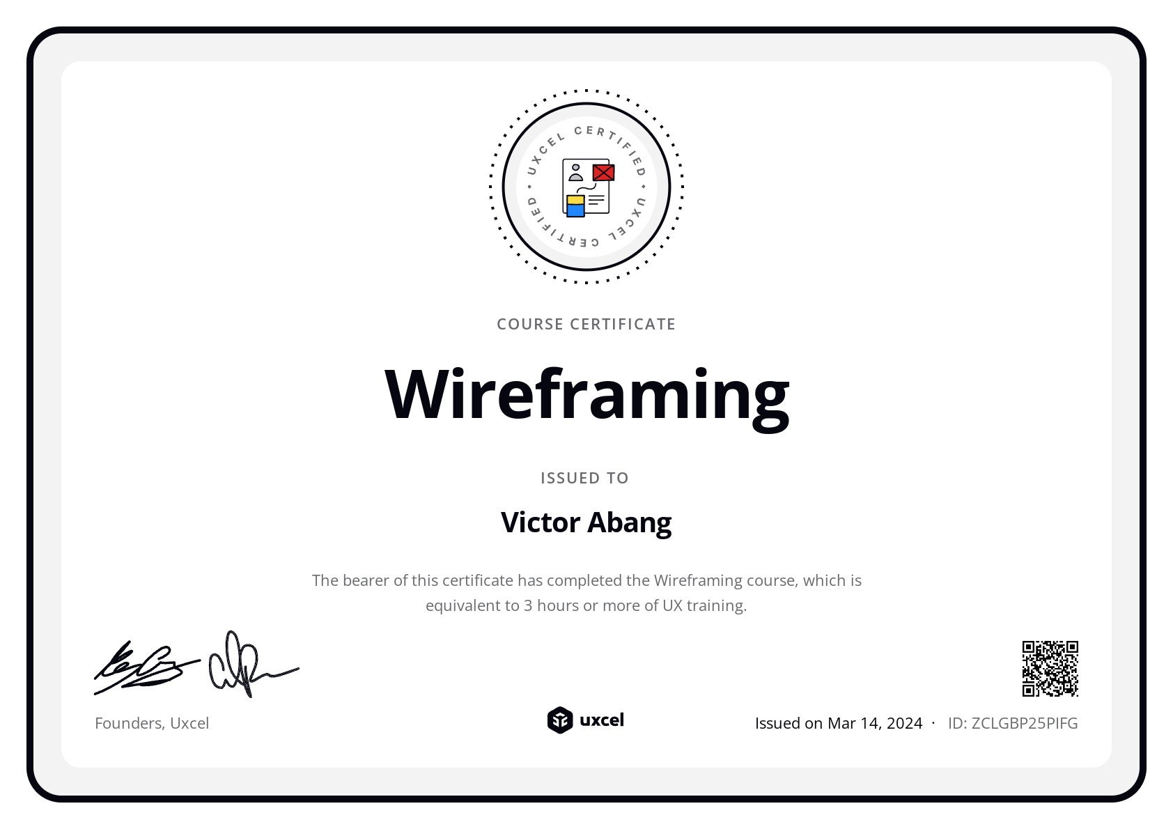 Victor Abang's certificate